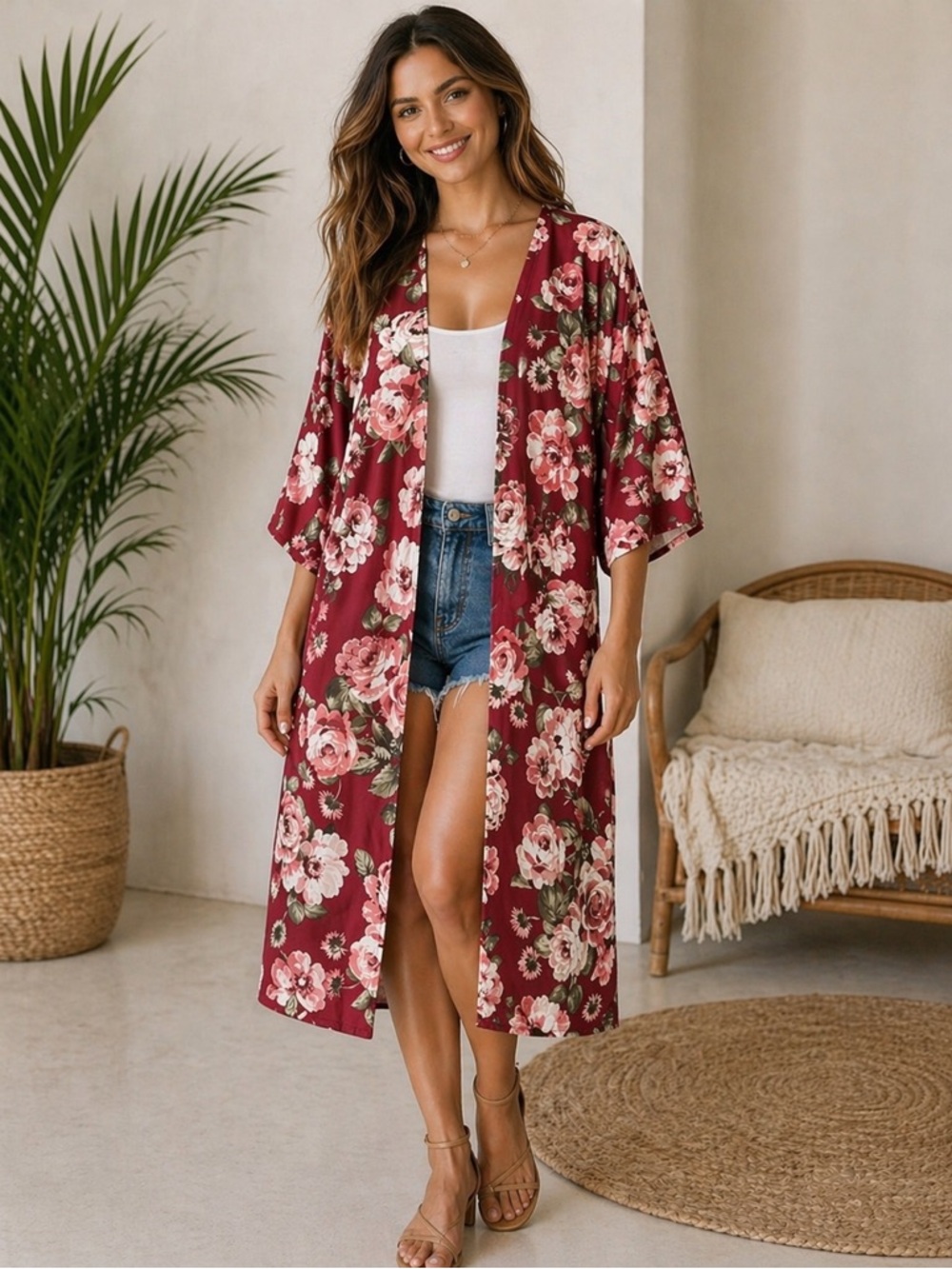 Floral Open-Front Shrug in Burgundy with Pink Rose Print